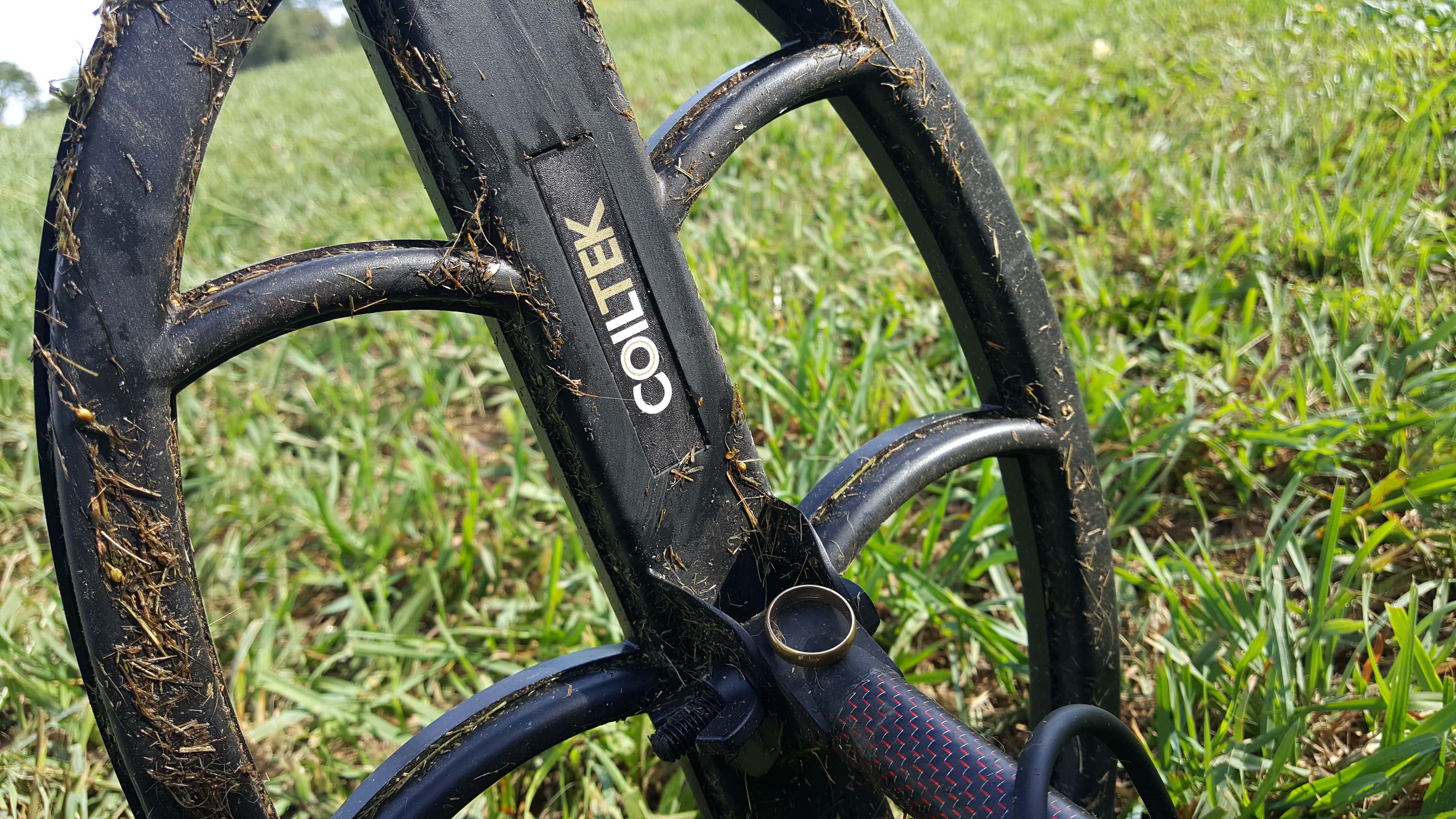 Gold Ring Balanced on Coiltek 14 x 9 Search Coil with Grassy Lawn and Grass in the Background