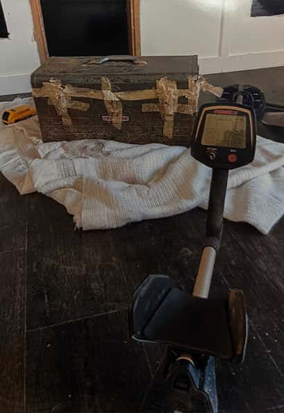 Craftsman Toolbox with Tape Covering Lid Seam and Fisher F75 Visible in Lower Left Corner